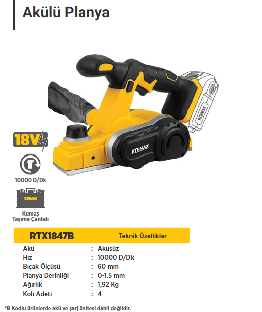 RTR MAX Akülü Planya Makinası (Aküsüz)