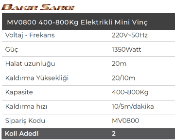 MyTOL MV0800 - Bakır Sargı Elektrikli Yük Kaldırma Vinçi 400-800 KG