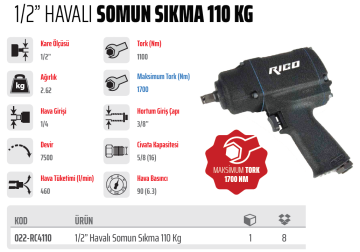 RİCO 1/2 Havalı Somun Sökme Sıkma 110 Kg (022-RC4110)
