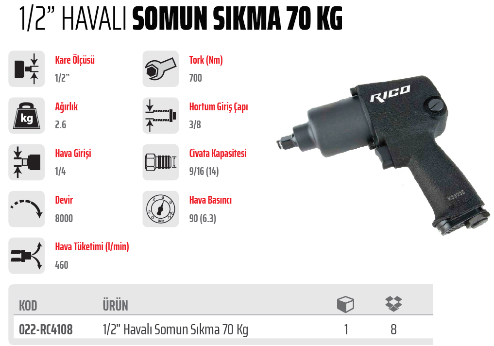 Rico 1/2 Havalı Somun Sökme Sıkma 70 Kg (022-RC 4108)