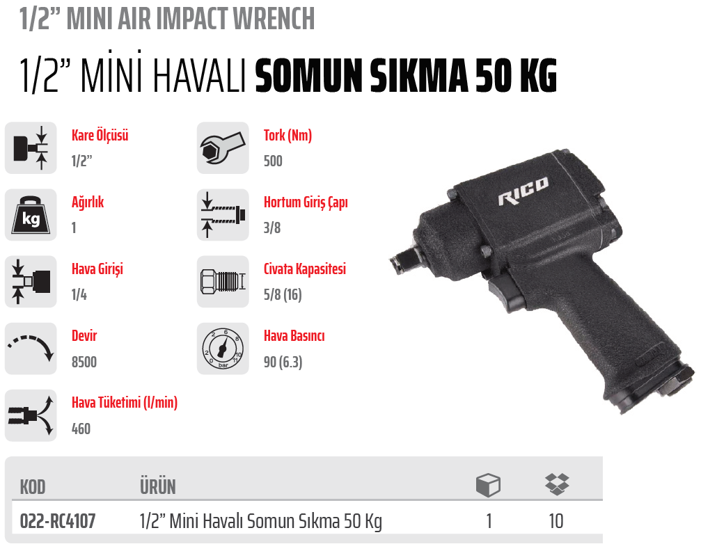 RİCO 1/2 Mini Havalı Somun Sökme Sıkma 50 Kg (022-RC4107)
