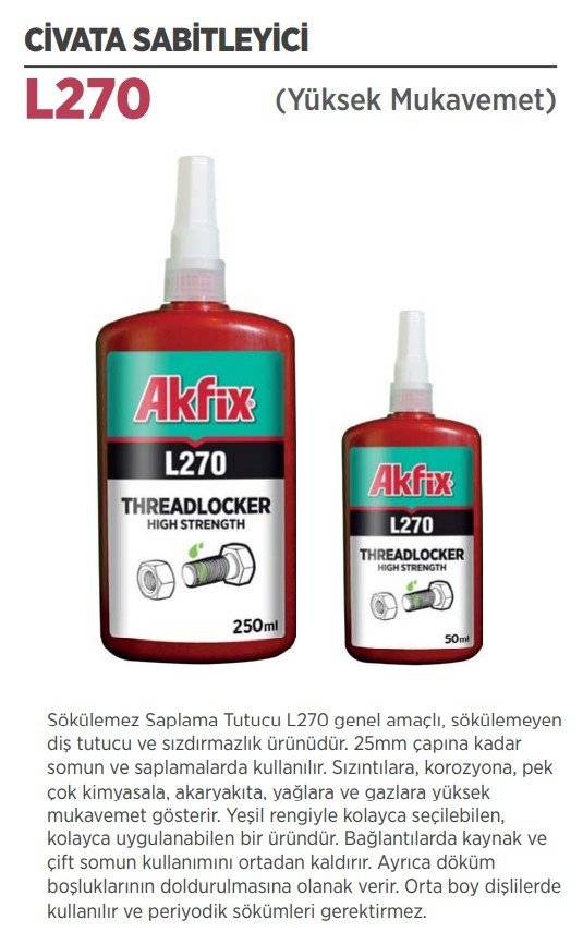 AKFİX L270 Cıvata Sabitleyici ( Yüksek Mukavemet ) 250 ml / 36 Adet