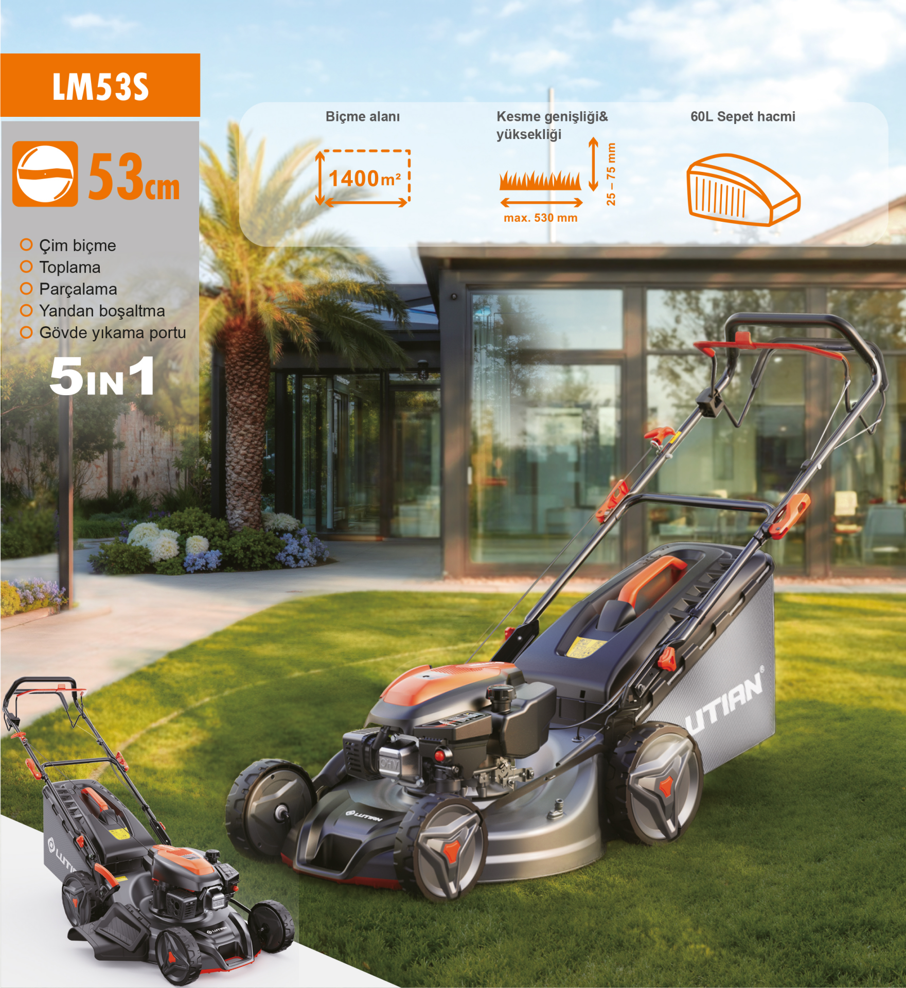 Lutian LM53S - 53cm Benzinli Şanzımanlı Çim Biçme Kesme Makinası 60 Litre