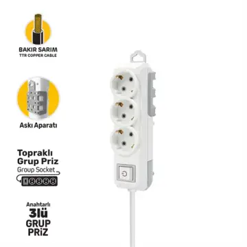 GRUP PRİZ TOPRAKLI ANAHTARLI ÜÇLÜ 5 METRE