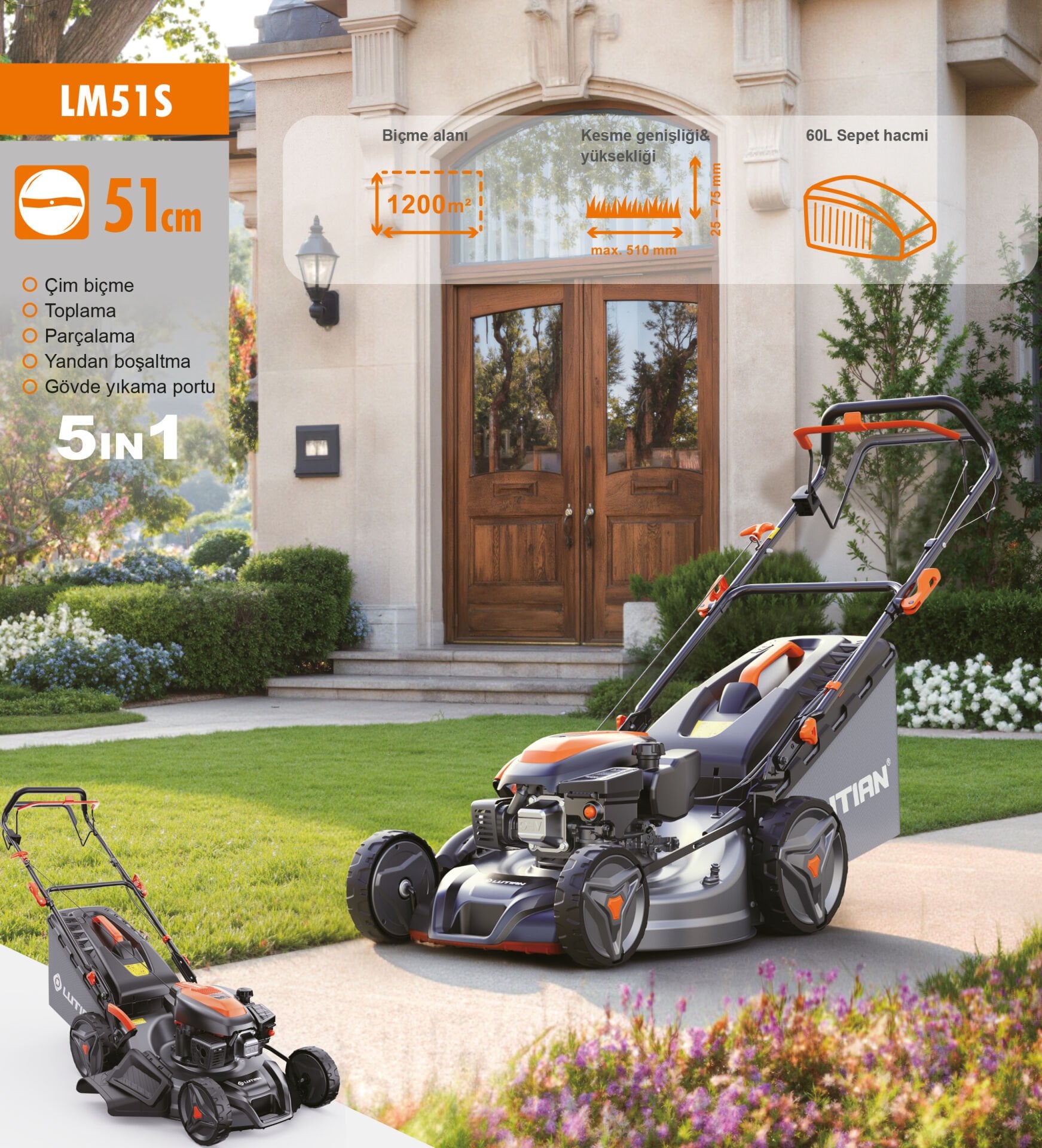 Lutian LM51S - 51cm Benzinli Şanzımanlı Çim Biçme Kesme Makinası 60 Litre