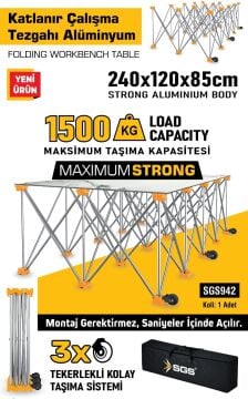 SGS942 - Seramik Fayans Katlanır Çalışma Tezgahı Alüminyum 240 x 120 x 185cm