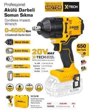 SGS5503B - 1/2 - 20 Volt 4 Amper 650 Nm Tork Aküsüz Darbeli Somun Sıkma Sökme Makinası