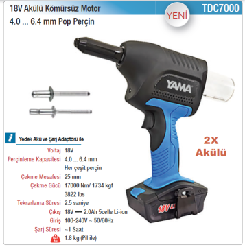 YAMA TDC7000 - 18 Volt Akülü Kömürsüz Motor Pop Perçin Tabancası Makinesi 4 - 6.4mm