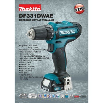MAKİTA DF331DWAE Lityum Çift Akülü Darbesiz Matkap Vidalama 10.8 Volt