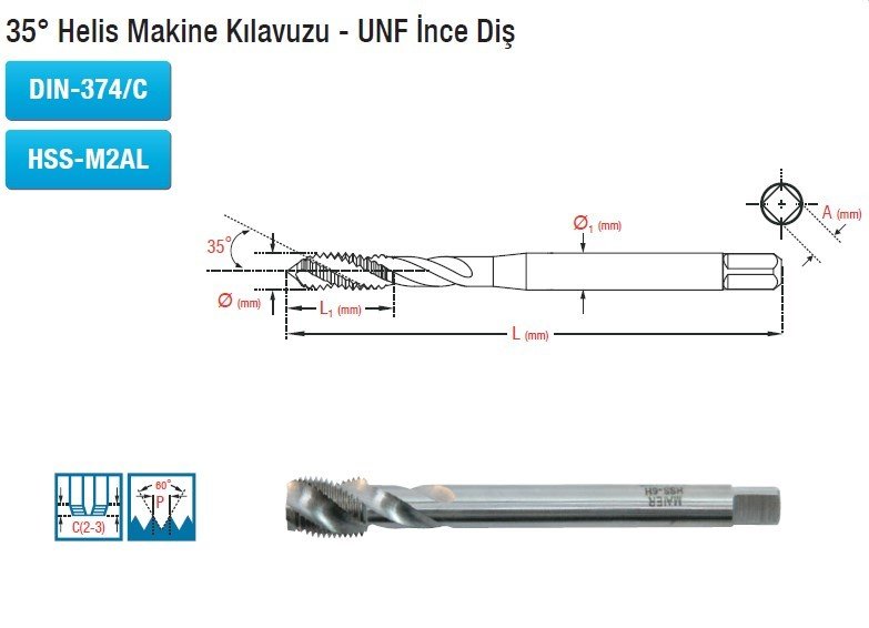 MAİER 35° Helis Makine Kılavuzu - UNF İnce Diş (DIN-374/C) (HSS-M2AL)
