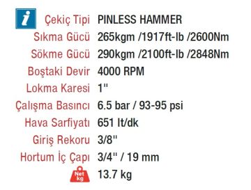 ROTAKE RT-5665 Havalı 1'' Somun Sökme Sıkma Makinesi Tabancası Düz Tip 290 KGM