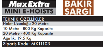 MAX EXTRA MX11103 - 400 / 800 Kg Elektrikli Vinç Yük Kaldırma Bakır Sargı
