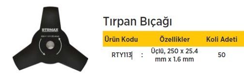RTR MAX Tırpan Bıçağı Üçlü 250 x 25,4mm x 1.6 mm  / 50 Adet