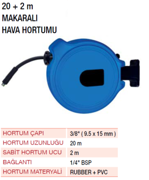 YAMA YHMH20 - 3/8 - 10mm Makaralı Hava Hortumu 20+2 METRE