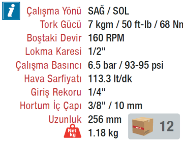 ROTAKE RT-5220 Havalı 1/2 Cırcır Kolu Makinesi Tabancası 7 KGM