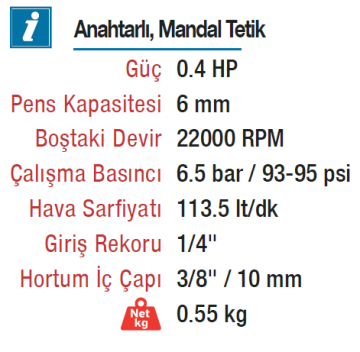 ROTAKE RT-1205-P Havalı 6mm Kalıpçı Taşlama Makinesi Motoru 0.4 HP