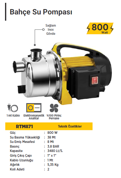 RTR Max Su Pompası 800 W / 3,8 Bar