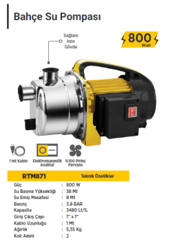 RTR Max Su Pompası 800 W / 3,8 Bar