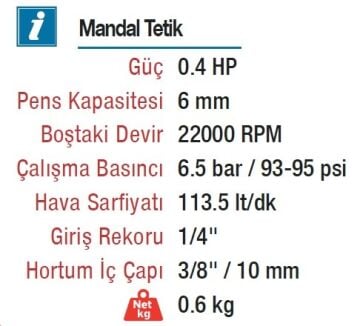 ROTAKE RT-1206 Havalı 6mm Kalıpçı Taşlama Makinesi Motoru 22000 RPM