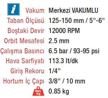 ROTAKE RT-2151 Havalı 125-150mm Merkezi Vakumlu Orbital Zımpara Makinesi