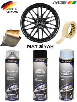 MOTİP Mat Siyah Jant Boyama Rötuş Seti Akrilik Sprey Boya + Vernik + Astar 500 ML