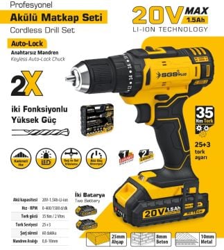 SGS5249 - 20 Volt 1.5 Amper Akülü Darbesiz Matkap Vidalama Seti Çift Akülü