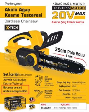 SGS5320B - 20 Volt Akülü Ağaç Kesme Budama Testere Makina Seti 25 cm Pala - (Akü ve Şarj Cihazı Yoktur)
