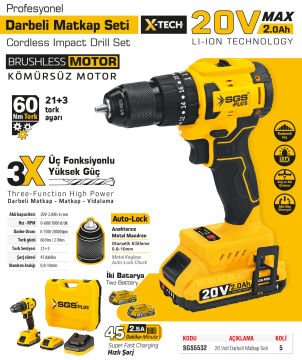 SGS5532 - 20 Volt 2 Amper 60 Nm Tork Akülü Darbeli Matkap Vidalama Seti Çift Akülü Kömürsüz Motor
