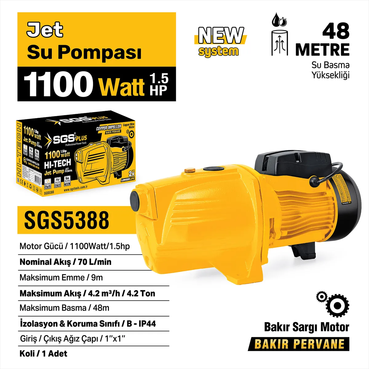 SGS5388 - JET SU POMPASI 1100 WATT 1.5 HP - 48 METRE - BAKIR SARGI MOTOR