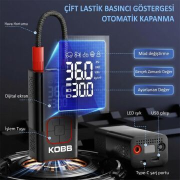 KOBB KB412 Li-ion Şarjlı 150 PSI Dijital Göstergeli Akıllı Lastik Şişirme Pompası+ Powerbank + SOS + Led Lamba