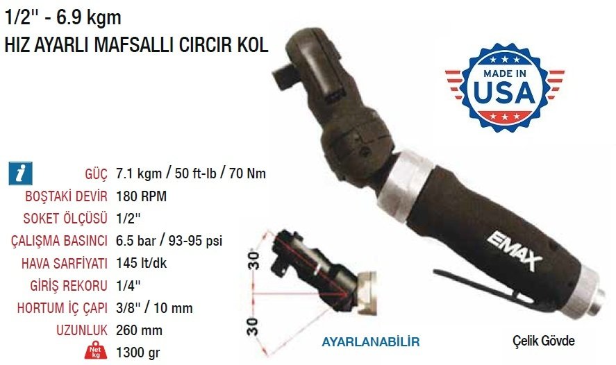 EMAX 1/2'' Hız Ayarlı Havalı Mafsallı Cırcır Kolu 6.9 Kgm