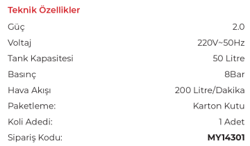 MY TOL MY14301 Yağlı Hava Kompresörü 50 Litre 220 Volt