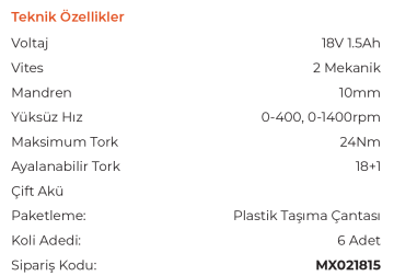 MAX EXTRA MX1815 Akülü Vidalama Matkap 18 Volt - 1.5 Amper