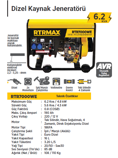 RTR MAX Dizel Kaynak Jeneratörü 6.2 KVA / 220 Volt