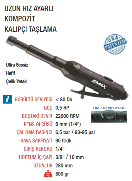 EMAX ET-2035 Hız Ayarlı Havalı Kalıpçı Taşlama Tabancası Makinesi Uzun