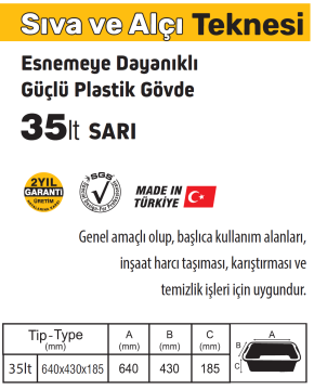SGS987 - Sarı Çok Amaçlı Tekne Kova 35 Litre - Sıva Alçı Boya Badana Temizlik Teknesi
