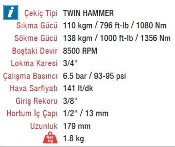EMAX ET-1646 Havalı 3/4'' Havalı Somun Sökme Sıkma Tababcası Makinesi 138 Kgm
