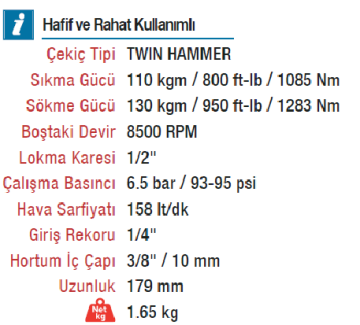 EMAX ET-1542 Havalı 1/2'' Somun Sökme Sıkma Tabancası Makinesi 130Kgm
