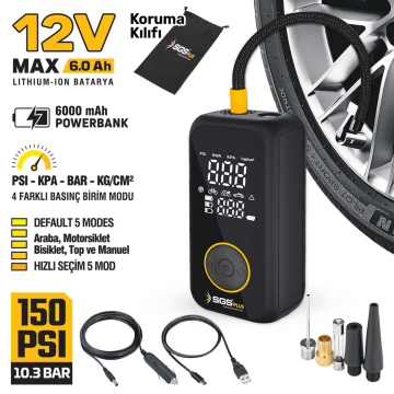 SGS5398 - (150 PSI) 12 Volt 6 Amper Taşınabilir Şarjlı Akülü Lastik Şişirme Makinesi Pompası Kompresörü