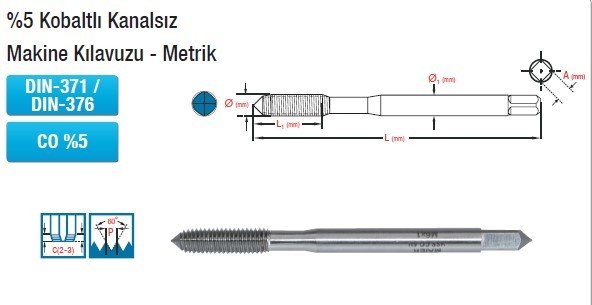 MAİER %5 Kobaltlı Kanalsız Makine Kılavuzu - Metrik (DIN-371 / DIN-376) (CO %5)