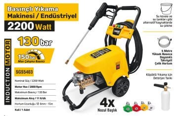 SGS5403 - 130 Bar Endustriyel Yüksek Basınçlı Yıkama Makinası 2200 Watt İndiksiyon Motor