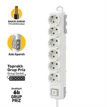 GRUP PRİZ TOPRAKLI ANAHTARLI ALTILI 2 METRE