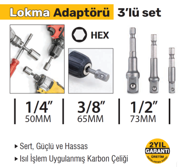 SGS1837 HEX Lokma Adaptörü 3 Parça - 1/2 -3/8 - 1/4