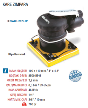 EMAX ET-2620 Havalı Kare Zımpara Tabancası Makinesi 100x110 mm (4''x4.3'') 8500 Devir