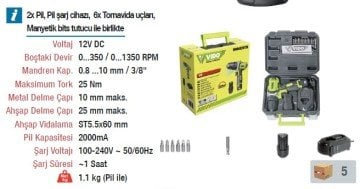 VIDO 12 Volt Lion Şarjlı Akülü Matkap Vidalama Led Işıklı 2 Akü