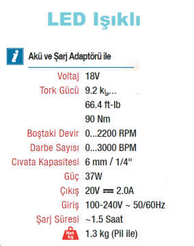 VIDO 18 Volt Lion Akülü Darbeli Vidalama Led Işıklı Makinesi (WD040410180)