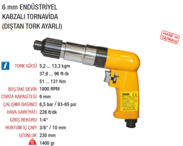 YAMA AT-4088 Endüstriyel Havalı Tornavida 6mm Tork Ayarlı