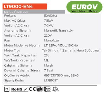 LUTİAN  7.5 kW EURO V(5) Motor Monofoze Marşlı Benzinli Jeneratör (LT9000EN-4)