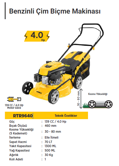RTR MAX Benzinli Çim Biçme Makinası 139 CC / 4.0 HP