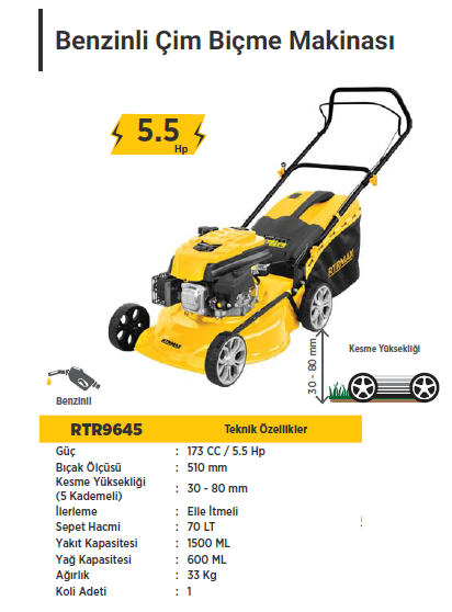 RTR MAX Benzinli Çim Biçme Makinası 173 CC / 5.5 HP